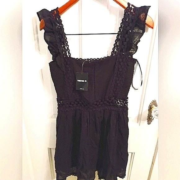 Forever 21 Dresses & Skirts - Fairy-like 🌟dainty garden tea party black ruffle lace applique tunic dress